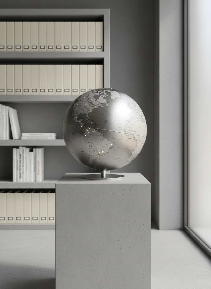 A sleek, brushed metal globe with subtle engravings of national borders and capital cities, resting atop a polished matte concrete pedestal. The background features smooth, neutral gray walls and minimalist shelving holding structured folders and contemporary books. Gentle, diffused daylight filters in from a frosted window, highlighting the globe’s contours and casting crisp, orderly shadows. The scene has a calm, studious atmosphere, emphasizing clarity and professionalism. Shot from a slightly elevated angle with centered composition, sharp detail across the entire image, and a hint of depth in the background. The photographic realism and clean lines reflect a corporate, modern aesthetic, perfectly suited for a political analysis blog focused on global dynamics.
